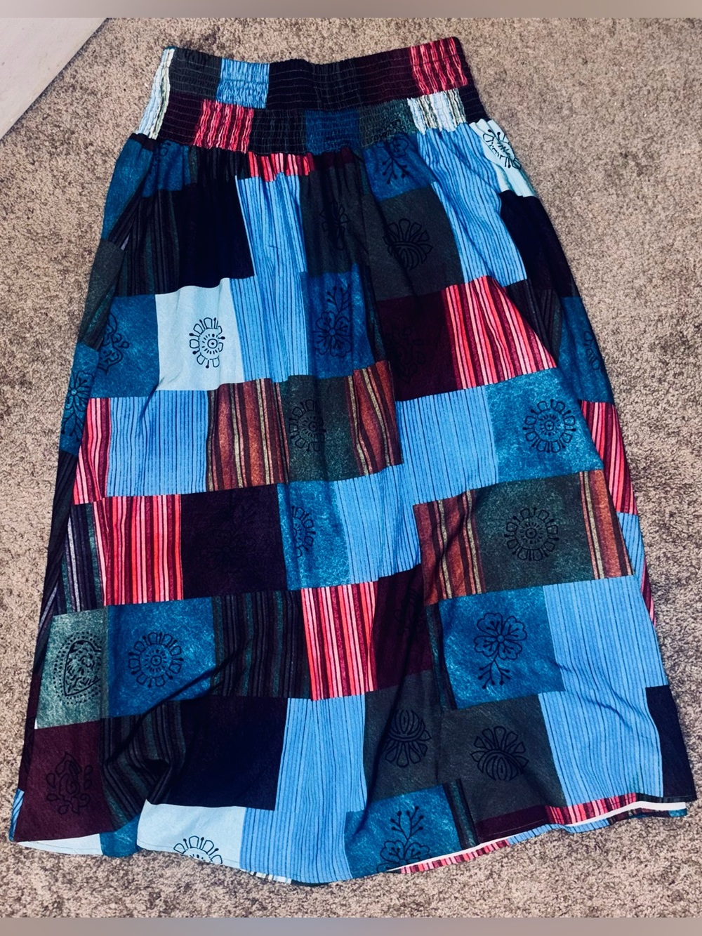 Patchwork Blue Multi-Color Elastic Waist Skirt